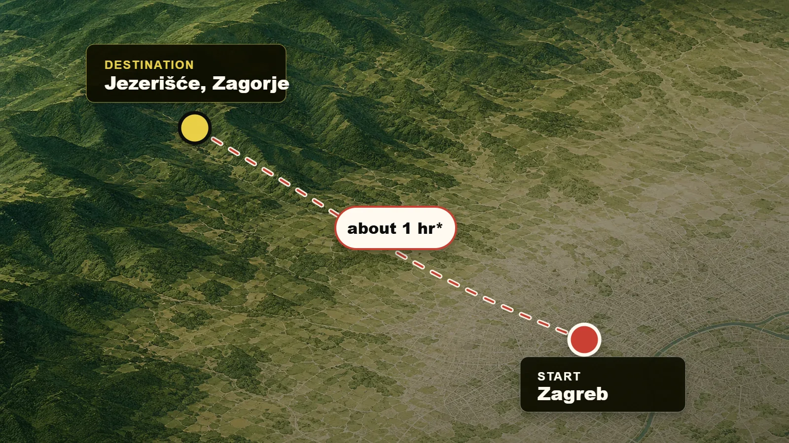 Schematic locator showing Zagreb, Jezerišće and an approximate travel time