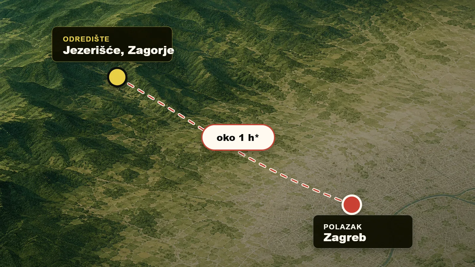 Shematski prikaz Zagreba i Jezerišća s približnim vremenom dolaska