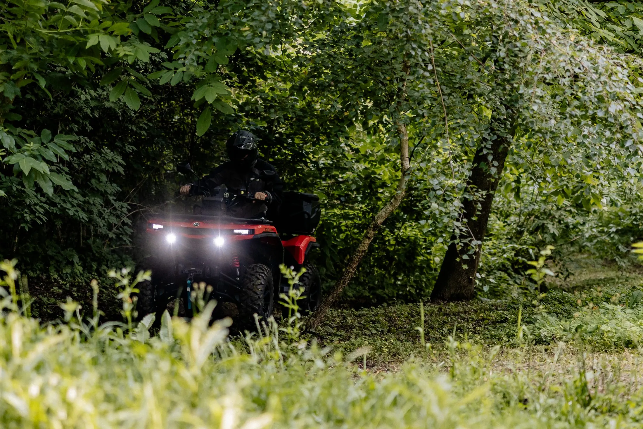 Crveni quad na šumskom putu