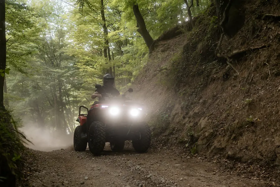 Vožnja quadom kroz prašinu u šumi
